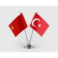 Punto Dizayn Sovyetler Birliği ve Türk Bayrağı Ikili Saten Masa Bayrağı Takımı