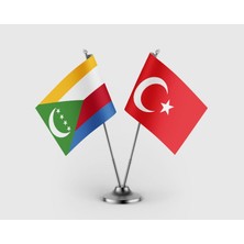 Punto Dizayn Komorlar Bayrağı ve Türk Bayrağı İkili Saten Masa Bayrağı Takımı