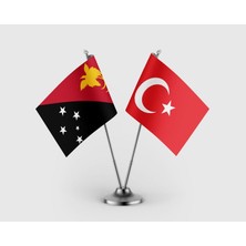 Punto Dizayn Papua Yeni Gine Bayrağı ve Türk Bayrağı İkili Saten Masa Bayrağı Takımı