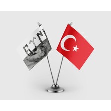 Punto Dizayn Göktürkçe Türk Bozkurt ve Türk Bayrağı Ikili Saten Masa Bayrağı Takımı