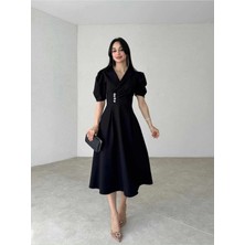 Moda Durağı Kaliteli Midi Elbise Sari Renk Elbise Siyah