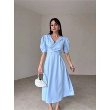 Moda Durağı Kaliteli Midi Elbise Sari Renk Elbise Mavi