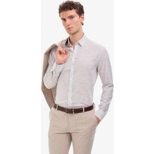 Pierre Cardin Erkek Kahverengi Çizgili Regular Fit Gizli Düğme Yakalı Beyaz Uzun Kollu Gömlek 50320886-VR084
