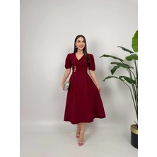 Moda Durağı Kaliteli Midi Elbise Sari Renk Elbise Bordo