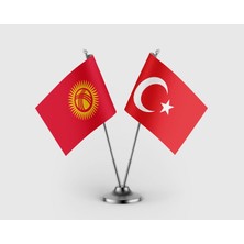 Punto Dizayn Kırgızistan Bayrağı ve Türk Bayrağı İkili Saten Masa Bayrağı Takımı