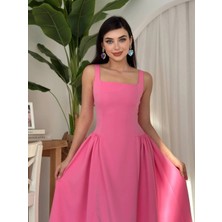 Moda Durağı Kare Yaka Askılı Kloş Uzun Elbise Pembe