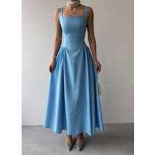 Moda Durağı Kare Yaka Askılı Kloş Uzun Elbise Bebe Mavi