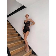 Babydoll Flok Baskı Elbise Fantezi Gecelik 2'li Takım Gecelik