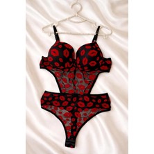 Bodysuit Öpücük Desenli Alttan Çıtçıtlı Push Up Destekli Fantazi Kadın Iç Giyim