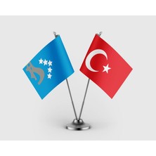 Punto Dizayn Hazar İmparatorluğu ve Türkiye Bayrağı İkili Saten Masa Bayrağı Takımı