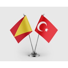 Punto Dizayn Avrupa Hun Imparatorluğu ve Türk Bayrağı Ikili Saten Masa Bayrağı Takımı