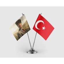 Punto Dizayn Kalpaklı Kemal Atatürk ve Türk Bayrağı Ikili Saten Masa Bayrağı Takımı
