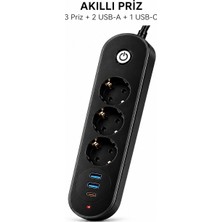 Raylax Akıllı Güç Prizi 3'lü Topraklı Priz USB ve Type-C Hızlı Şarj Destekli 2500W