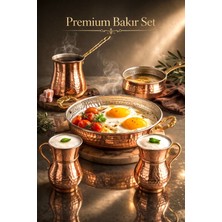UltraMint El Dövme Bakır Kahvaltı Mutfak Seti, 5 Parça Sahan, Cezve, Sosluk, Ayran Bardakları