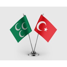 Punto Dizayn Üç Hilal Osmanlı ve Türk Bayrağı Ikili Saten Masa Bayrağı Takımı