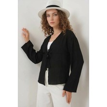 Style Line Kadın V Yaka Bağcıklı Detay Viskon Siyah Bluz