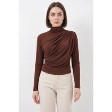 Style Line Kadın Balıkçı Yaka Büzgülü Açık Kahve Bluz