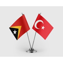 Punto Dizayn Doğu Timor Bayrağı ve Türk Bayrağı İkili Saten Masa Bayrağı Takımı