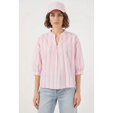 Style Line Kadın Gömlek Yaka Oversize Çizgili Viskon Pudra Bluz
