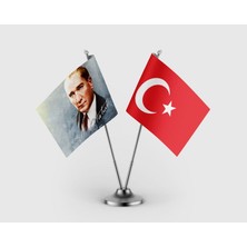 Punto Dizayn Atatürk Imzalı Bayrağı Türk Bayrağı İkili Saten Masa Bayrağı Takımı