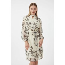 Style Line Kadın V Yaka Kuşaklı Çiçek Desenli Şifon Ekru Elbise