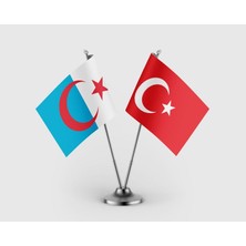 Punto Dizayn Suriye Türkmenleri Bayrağı ve Türk Bayrağı Ikili Saten Masa Bayrağı Takımı