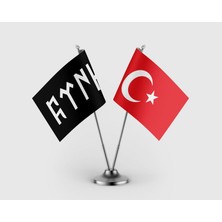 Punto Dizayn Göktürkçe Türk Siyah ve Türk Bayrağı Ikili Saten Masa Bayrağı Takımı