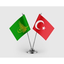 Punto Dizayn Osmanlı Tuğrası Yeşil ve Türk Bayrağı Ikili Saten Masa Bayrağı Takımı