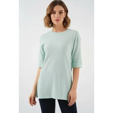 Style Line Kadın Yuvarlak Yaka Yanı Yırtmaçlı Mint Tişört