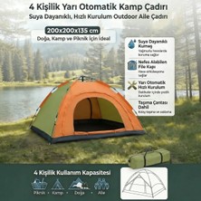 EkoAlışverişDünyam 4 Kişilik Yarı Otomatik Kamp Çadırı – Suya Dayanıklı, Hızlı Kurulumlu Outdoor Aile Çadırı, Doğa, Kamp ve Piknik 200X200X135 cm (5510)