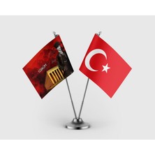 Punto Dizayn Mustafa Kemal Atatürk ve Türk Bayrağı İkili Saten Masa Bayrağı Takımı