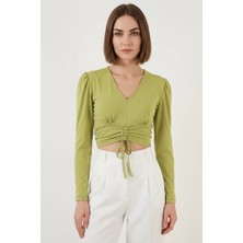 Style Line Kadın V Yaka Beli Büzgülü Puff Kol Çağla Yeşili Bluz