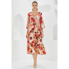 Style Line Kadın Yuvarlak Yaka Beli Büzgülü Kısa Kol Çiçek Desenli Viskon Kiremit Elbise