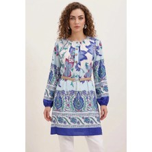 Style Line Kadın Kemerli Çiçek Desenli Viskon Saks Elbise