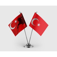 Punto Dizayn At Üstünde Atatürk ve Türk Bayrağı İkili Saten Masa Bayrağı Takımı