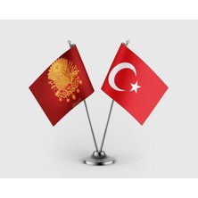 Punto Dizayn Osmanlı Imparatorluğu 57. Piyade Alayı Sancağı ve Türk Bayrağı İkili Saten Masa Bayrağı Takımı