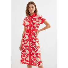 Style Line Kadın Gömlek Yaka Kuşaklı Çiçek Desenli Viskon Kırmızı Elbise