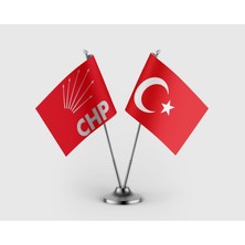 Punto Dizayn Kırmızı CHP ve Türk Bayrağı İkili Saten Masa Bayrağı Takımı