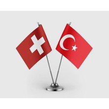 Punto Dizayn Isviçre Bayrağı ve Türk Bayrağı Ikili Saten Masa Bayrağı Takımı