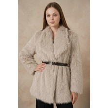 Style Line Kadın Kruvaze Kuşaklı Peluş Kürk Krem Kaban