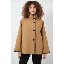 Style Line Kadın Yüksek Yaka Nakışlı Kenar Detaylı Pamuklu Hardal Ceket