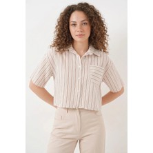 Style Line Kadın Crop Çizgili Pamuklu Bej Gömlek
