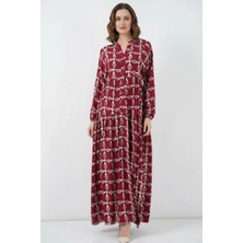 Style Line Kadın Gömlek Yaka Belden Büzgülü Desenli Viskon F.bordo Tesettür Elbise