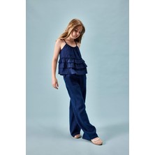 DeFacto %100 Keten Wide Leg Geniş Paça Lacivert Pantolon Kız Çocuk H1916A826SM