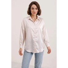 Style Line Kadın Oversize Saten Bej Gömlek