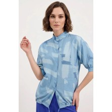 Style Line Kadın Oversize Desenli Viskon Mavi Gömlek