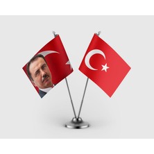 Punto Dizayn Muhsin Yazıcıoğlu ve Türk Bayrağı Ikili Saten Masa Bayrağı Takımı