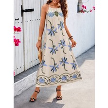 Alyn Wear Kadın Askılı Düz Yakalı Ciçek Desenli Uzun Süprem Elbise