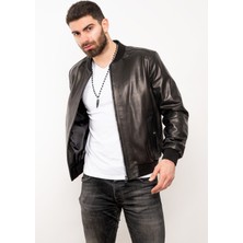 Deri Effect Erkek Siyah  Deri Basic Bomber Ceket Normal Kesim Kalıbı ile Şık Tasarım