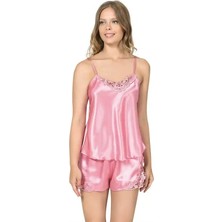 Ang Butik Koyu Pembe Saten Babydoll Şort Takım